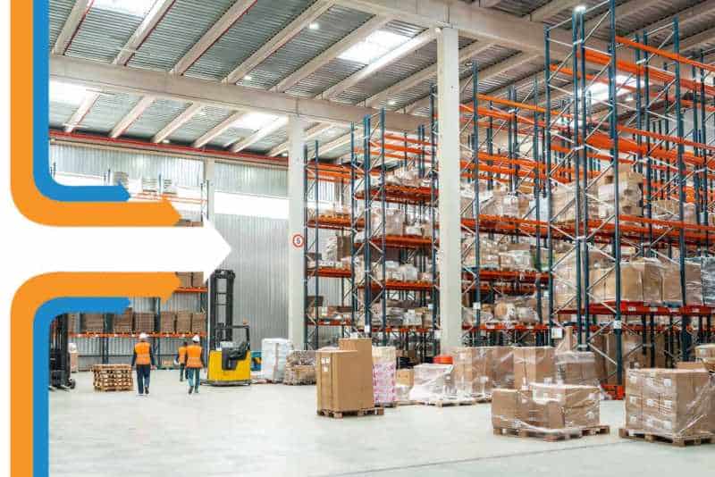 Warehouse storage and logistics at Flostream Ltd. Warehouse with shelves, pallets, and staff at Flostream Ltd.